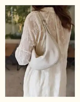 明星時尚推薦米色半月形單肩手提包,純牛皮材質,女士腋下單肩包,休閒手提包 10 最佳銷售 米色手提包 - №3