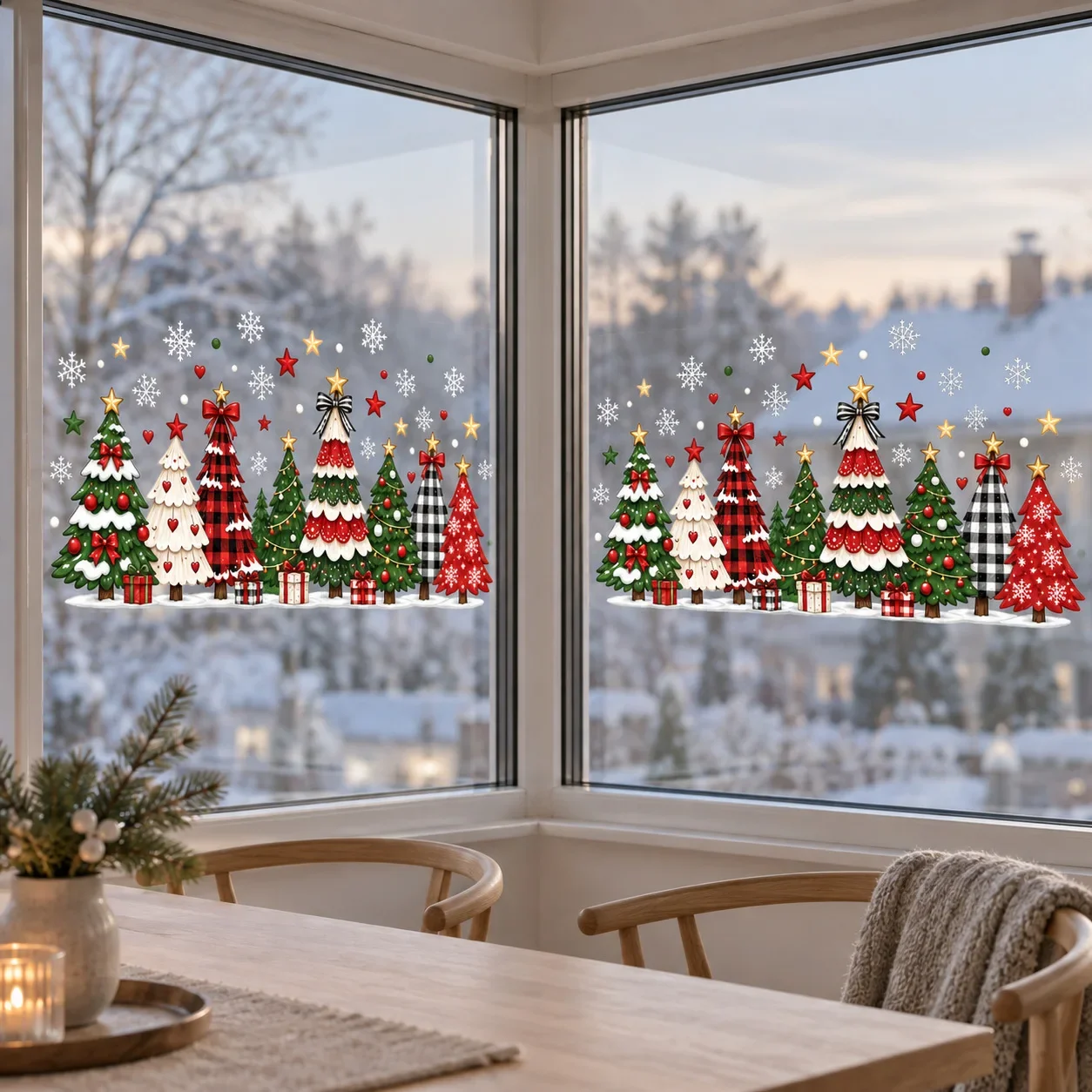 2pcs/1set Plaid Buffalo Check Static Cling Window Stickers,2027 Christmas,Snowflake & Star Decor, for Glass Doors,Farmhouse Xmas