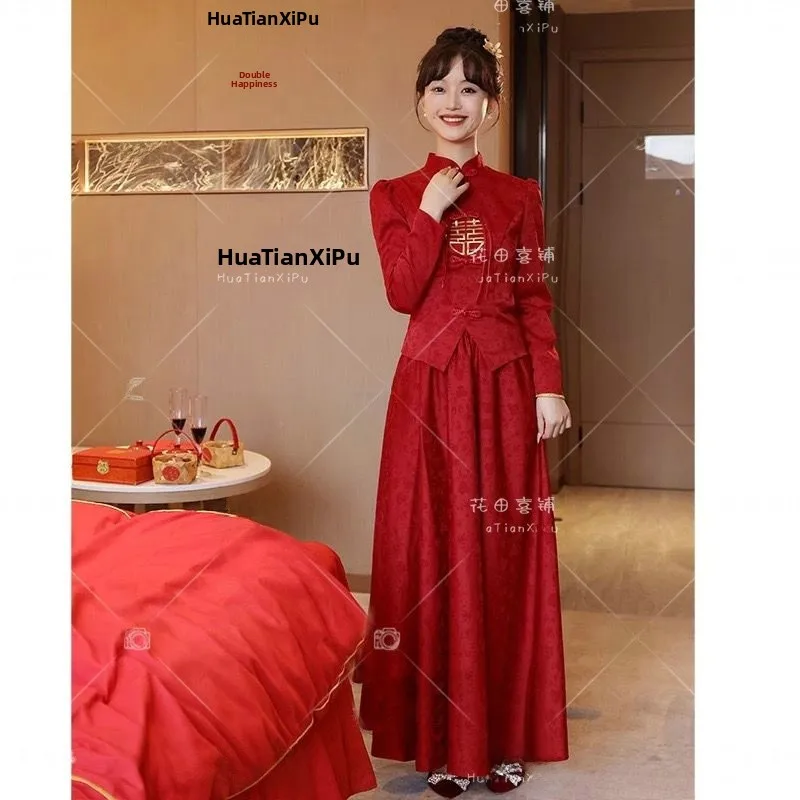 

New Chinese Style Engagement Dress Set Red Wine National Style Wedding Dress Custom Made Ceremony Dress