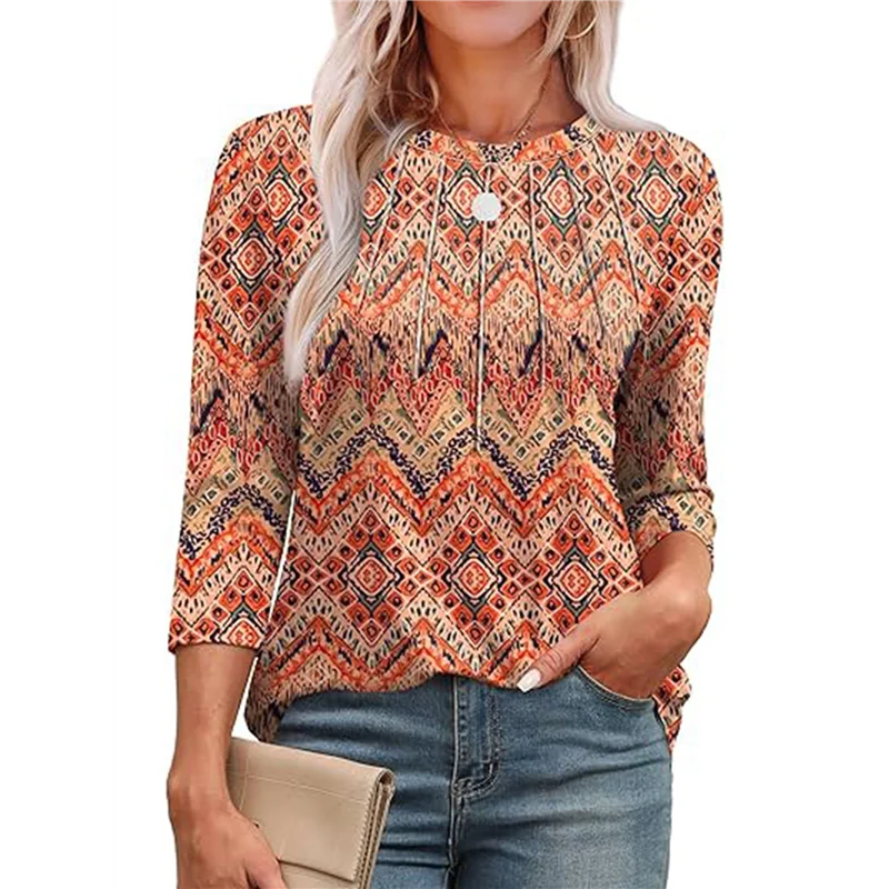

ABP-3/4 Length Sleeve Womens Tops Round Neck Casual Tunic Tops Basic Pleated Shirts Loose Fit 2025
