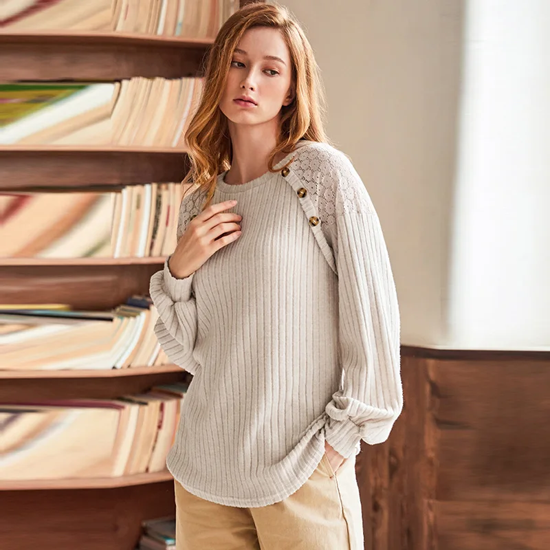 Winter damessweatshirt met lange mouwen, pure kleur, knoop, kant, splitsen, veelzijdige werkkleding, top in Europese Amerikaanse stijl