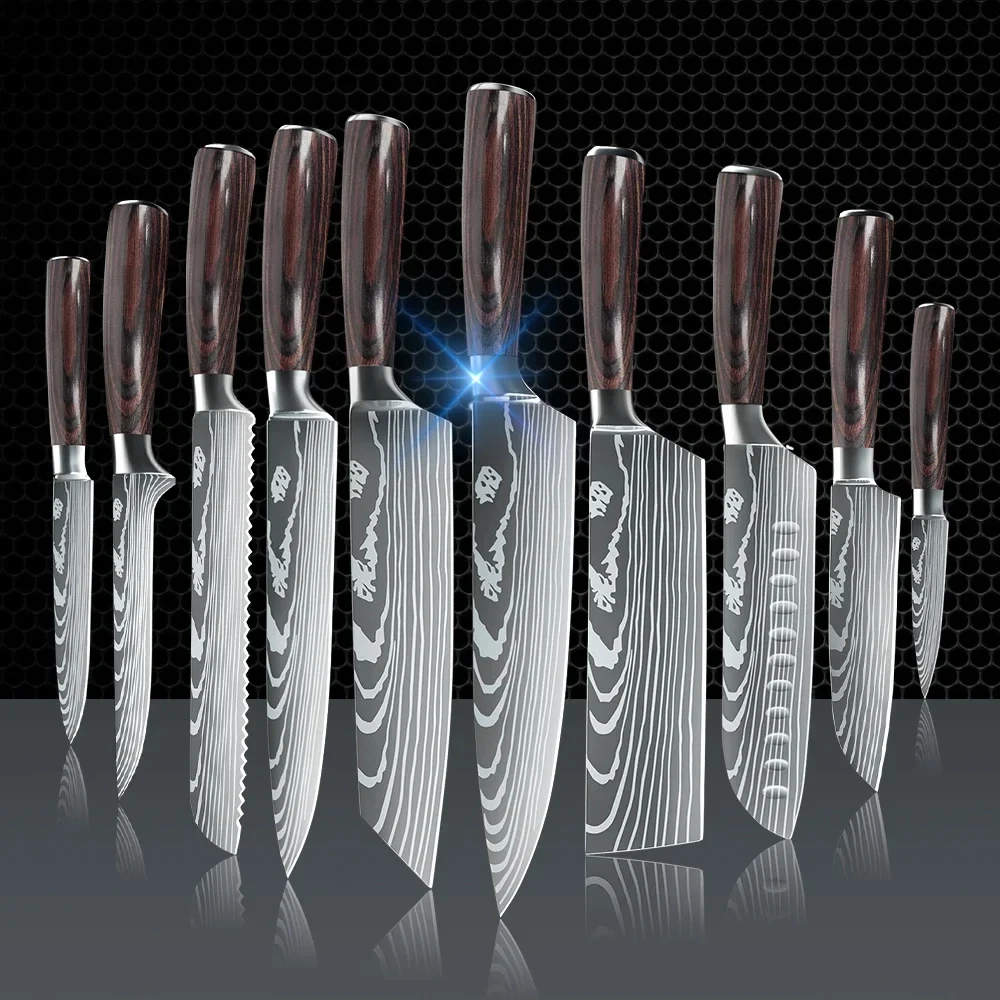 

MDHAND 10-piece set Damascus Pattern Cooking Cutter Kitchen Knife Chef Knives Meat Cleaver Fruit Vegetable Knife Slicing Knife