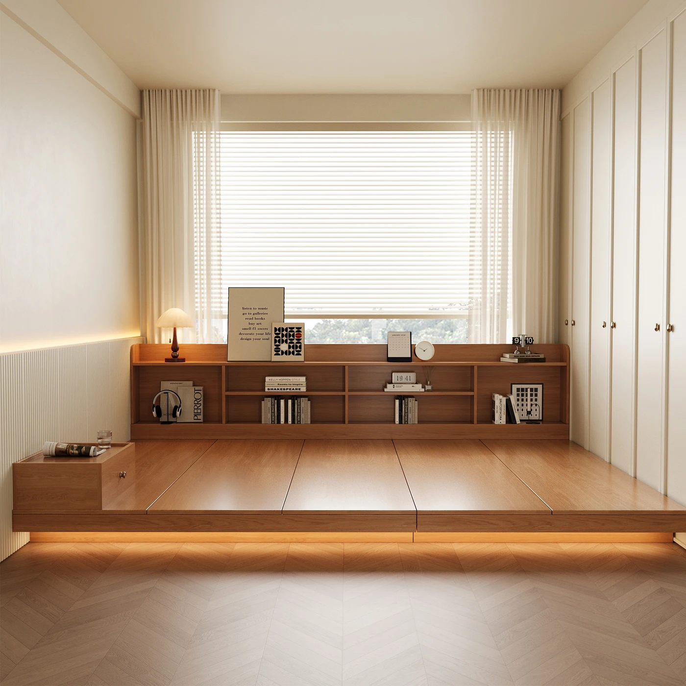 

Small apartment Japanese bookshelf bed with bedside table tatami bed short modern simple board splicing floor