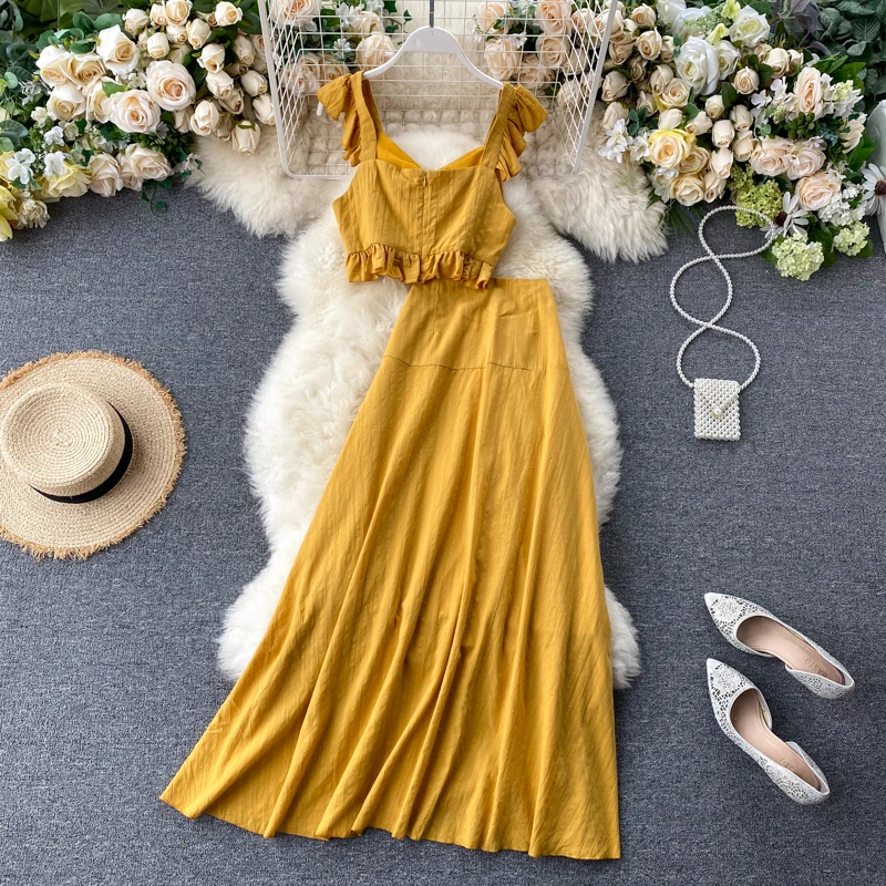 

Fre Vaion Sle, женский шикарный сладкий топ с деревянными бретелями, универсальная юбка, комплект из двух предметов, летний наряд Faion