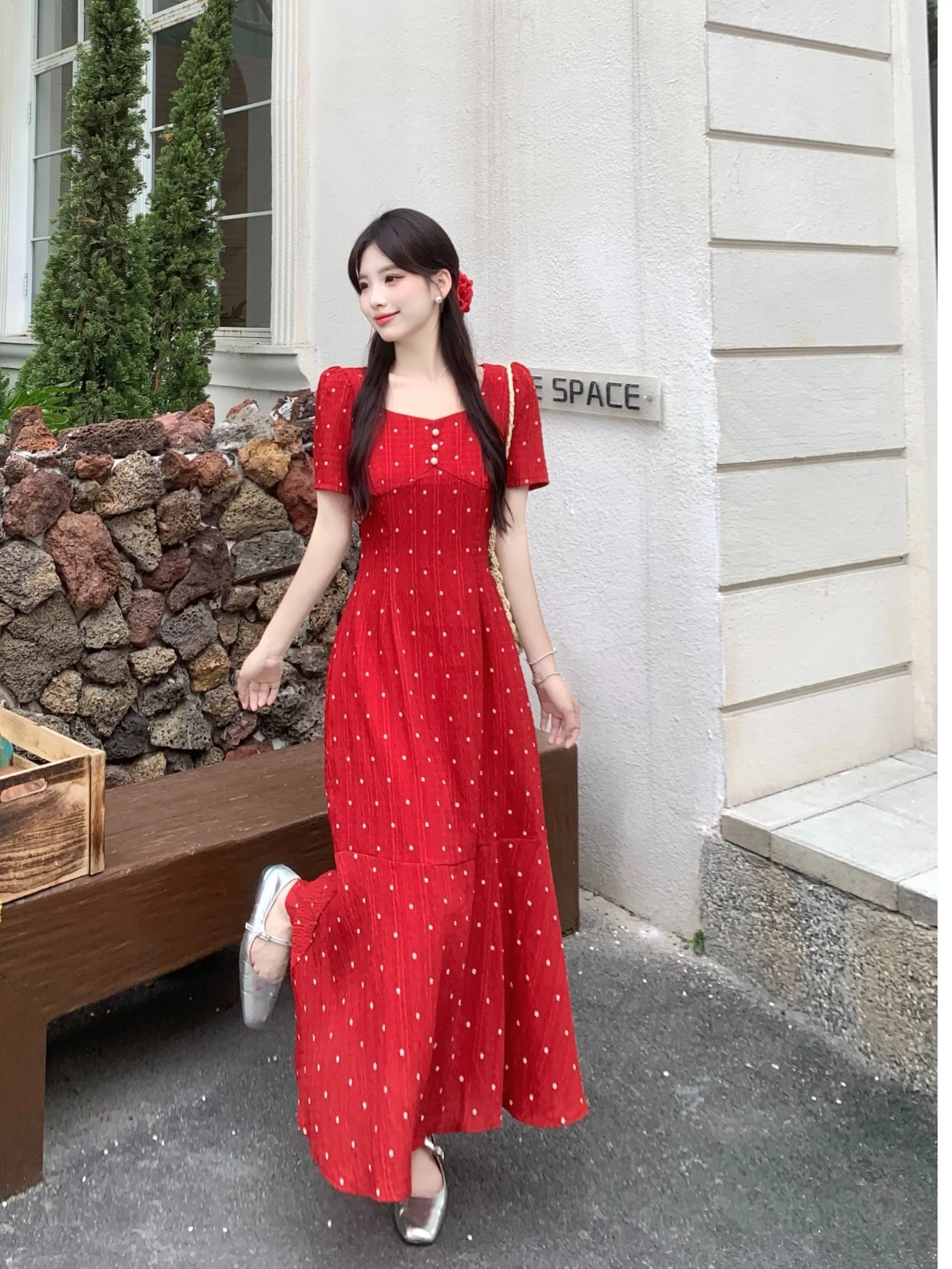 

plus Size Women's Red Polka Dot Square Collar ort Sve Dr Summer New Waist Cinching Belly Covering A-Line Skirt