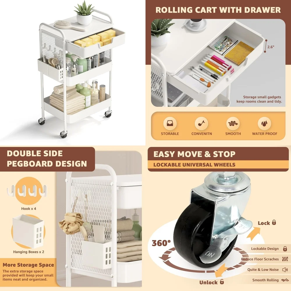 

3 Tier Rolling Cart with Drawers Heavy Duty Metal Utility Cart with Wheels for Home Kitchen Office Storage Organizer Multi