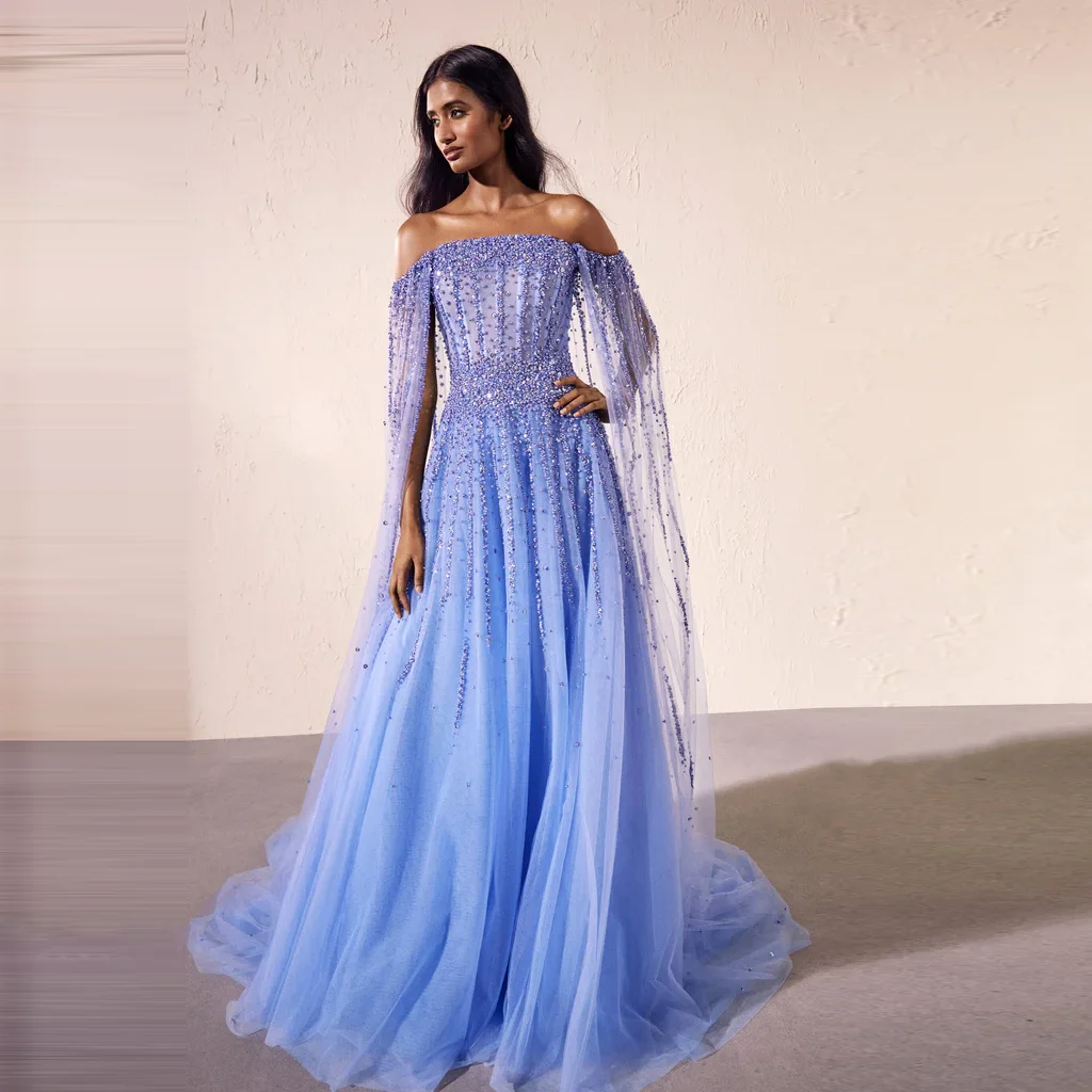 2025, mit Perlen verzierte arabische Damenkleider mit Ärmeln, maßgeschneidertes A-Linien-Tüll-Abschlussballkleid, wunderschönes Dubai-Kleid, mehrlagige Ballkleider