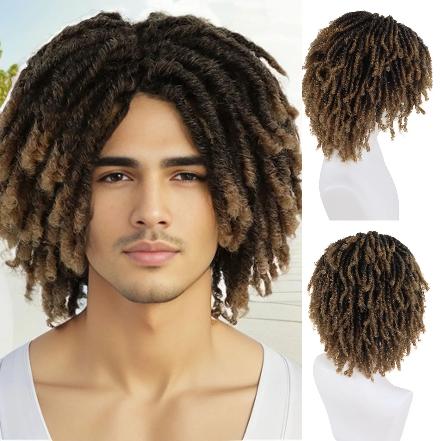 

Короткие дреды, синтетические омбре, светло-коричневые, вязанные крючком, плетеные парики, афро вьющийся парик для мужчин, повседневный косплей, термостойкий