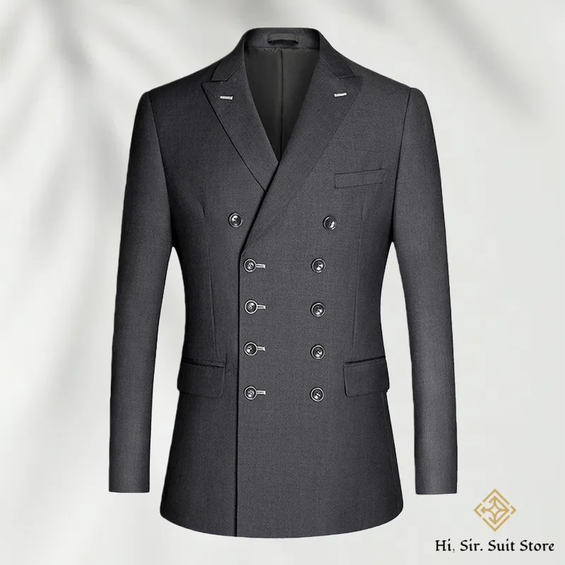 سترة بدلة رجالية مزدوجة الصدر، ملابس خارجية غير رسمية للأعمال الاحترافية، نمط تصدير أنيق، مقاس نحيف باللون الأسود الداكن العميق والرمادي
