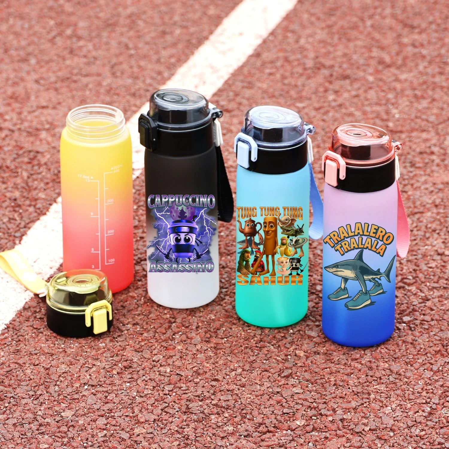 

500ML Sports Water Bottle with Water Level Line Leak Proof Gradient Colour Portable Plastic Cup for Outdoor Sports Fitness