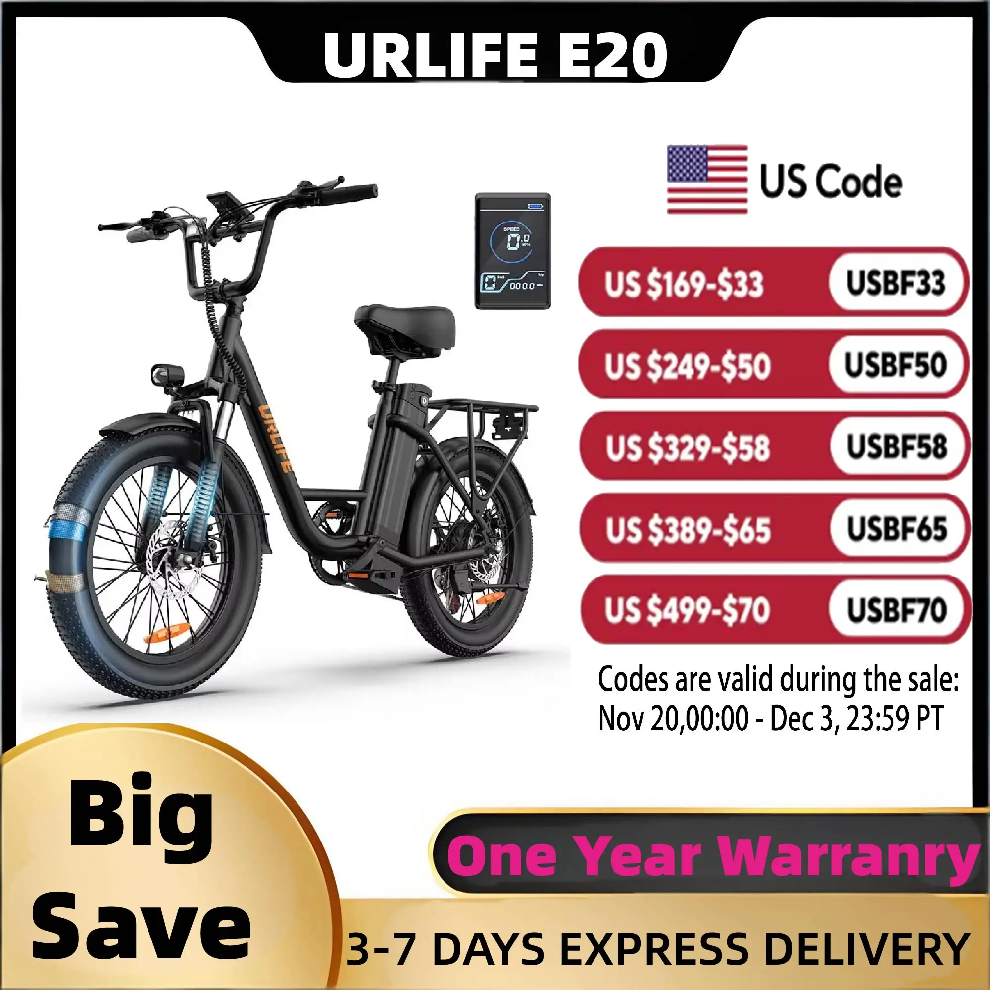 

URLIFE E20 adult E-bike 250W 48V 13Ah battery commute Electric Bike,20-inch Fat Tire city ebike