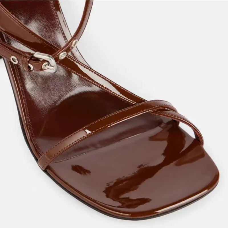 Patent Leather Brown And Sliver Square Toe Summer Women Sandals Strange Style High Heels Buckle Strap Design Large Size Shoes view 3