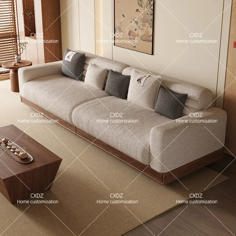 New Chinese Style Solid Wood Sofa 5 Seater Living Room Soft Upholstered Leisure Couch Light Luxury Zen Fabric Furniture Set