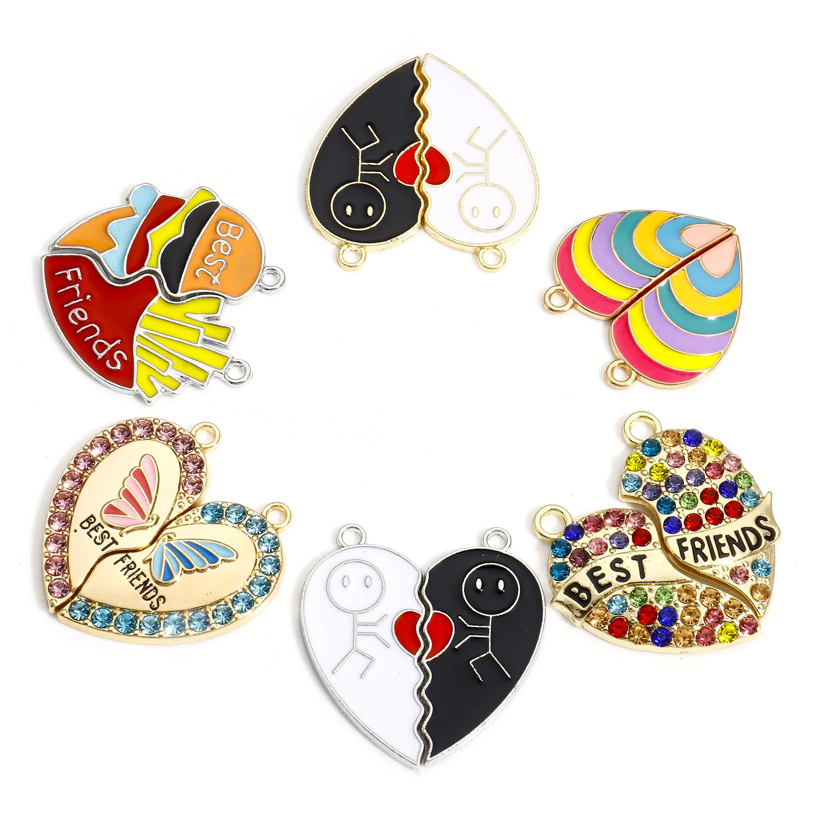 5Sets New Best Friends Pendants Gold Color Broken Heart Multicolor Enamel Rhinestone Charms DIY Necklace Earrings Women Jewelry