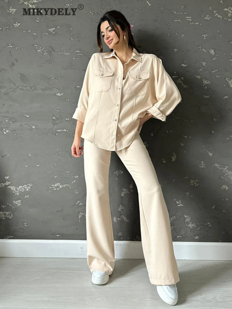 Mikydely Autumn New Solid Color Simple Lapel Long-sleeved Shirt Wide-leg Trousers Temperament Casual Suit