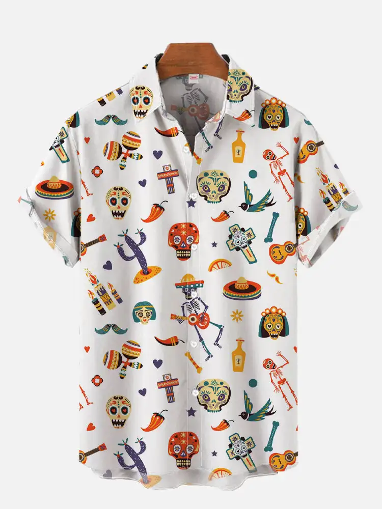 2026 Men's Fashion Hawaiian Shirt Mexican Style Colorful Graffiti Art Printed Short Sleeve Shirt Simple Design Harajuku Clothing