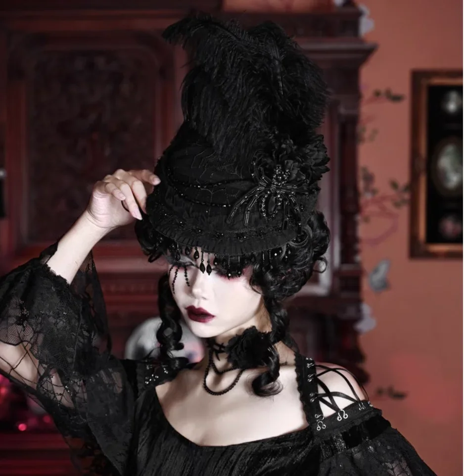 

Original Blood Supply Duchess Victoria Gothic Spider Cobweb Lace Palace Halloween Flat Hat Black Beading Women Hat