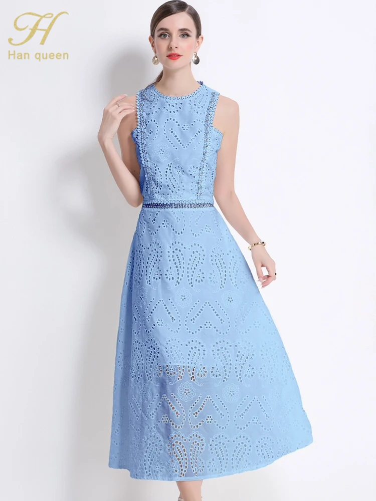 

H Han Queen French 2 Pieces Hollow out Lace Long Dress Summer Casual Elegant Sleeveless Work Beach Party Dresses Woman Clothes