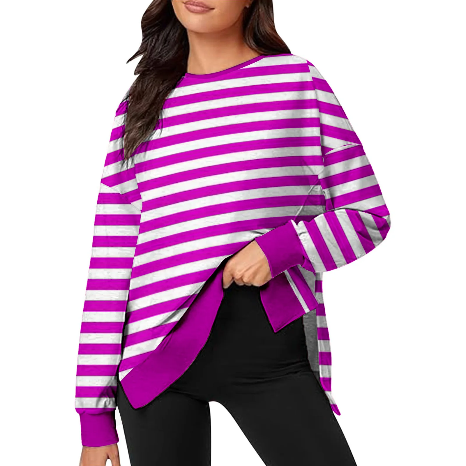 Women's Casual Loose Hoodie Hooded Sweatshirt Split Color Striped Winter Clothes Woman Bluza Damska Sudaderas De Mujeres