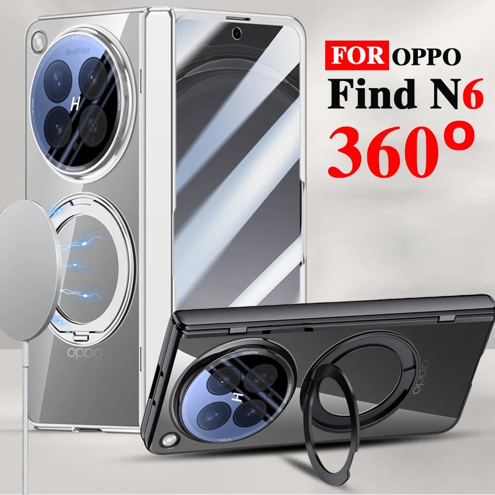 

Luxury Holder Clear Case For OPPO Find N6 5G 2026 Magnetic Glass film Protection Anti-fingerprint Hard Plating Stand Back Cover