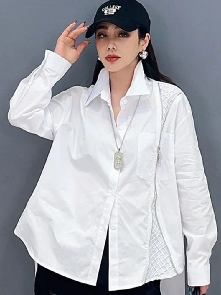 Vefadisa 2025 Spring Autumn New White Zipper Design Women Shirt Lapel Long Sleeve Irregular Shirt Casual All-match Coat ZXY986A