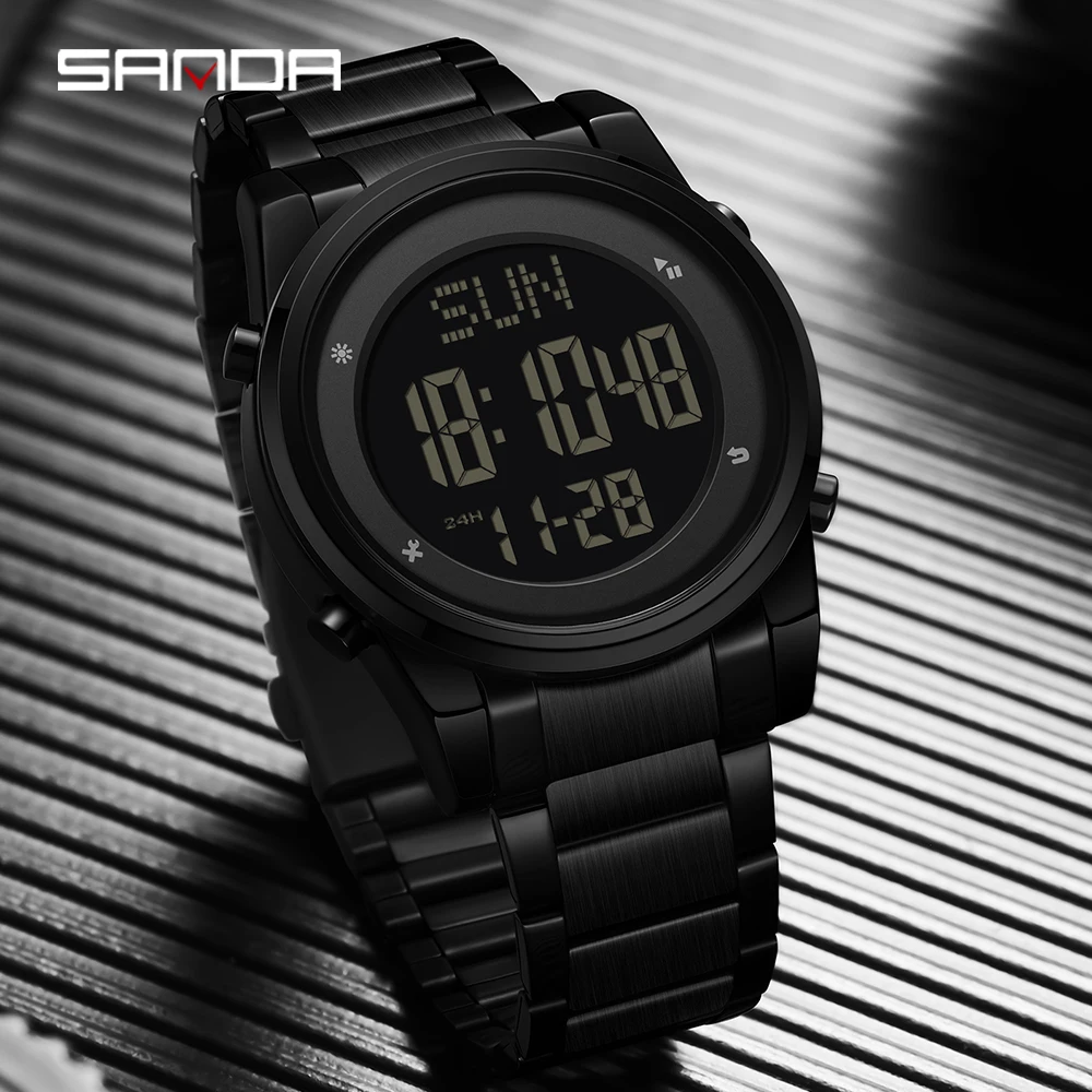 Sanda 6160 New Fashion Stainless Steel Strap Digital Movement Trendy Outdoor Sports Mode Teenager Students Wrist Stop Watch