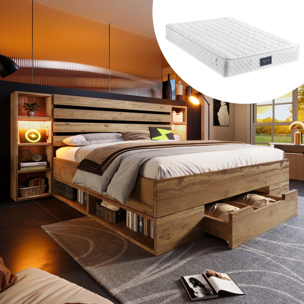 Lit en bois massif 160×200 cm, lit de rangement avec éclairage LED et tête de lit et tiroirs avec port USB-C, chêne (avec matelas)