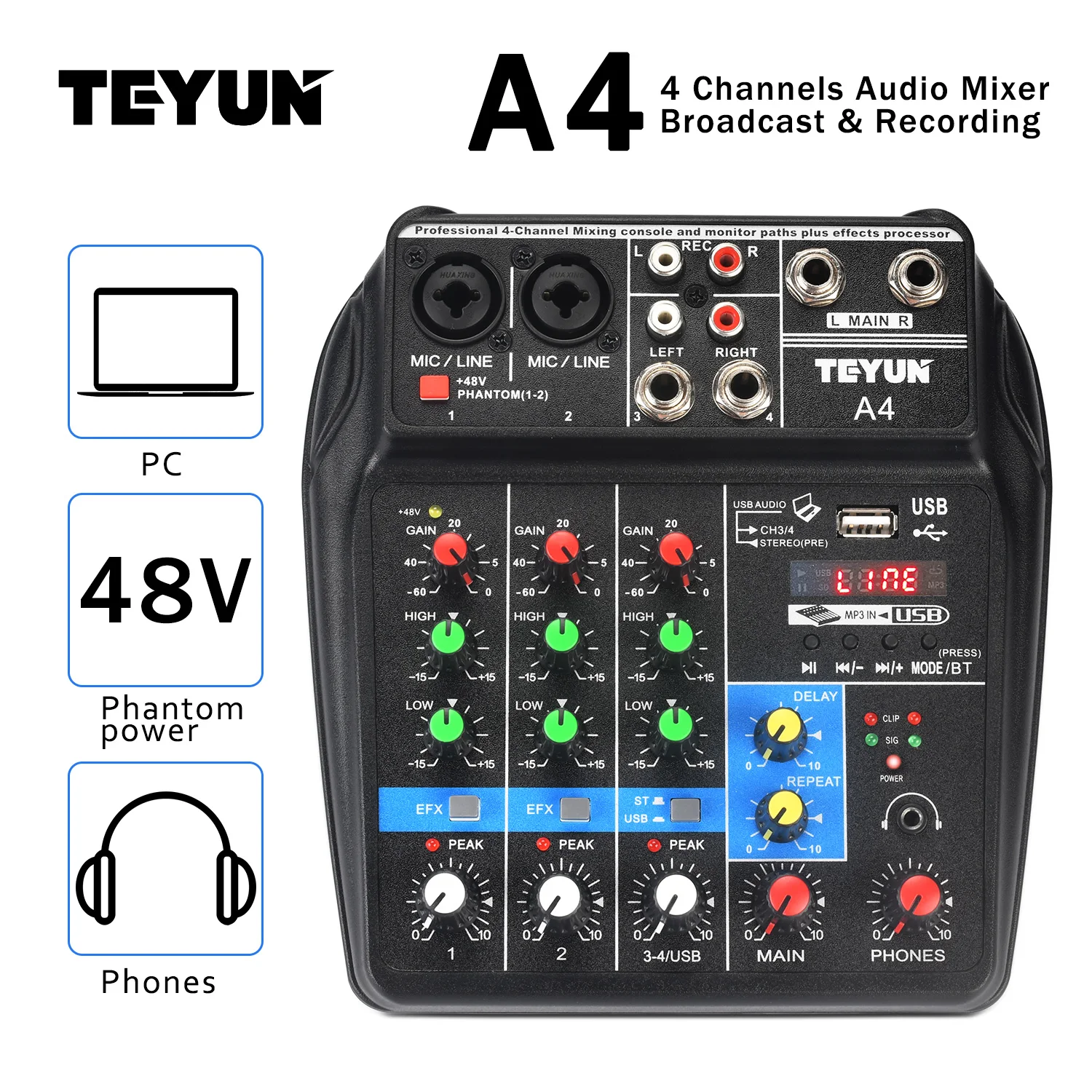 TEYUN Mini 4 Channel Audio Mixer Effect 48V Bluetooth-function Portable Sound Console USB Play Music Home Record Mixing Table A4