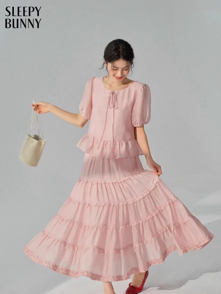 

Elegant Ruffle Blouse and Tiered Skirt Set Fashion Two Piece Outfit Women Chic Layered Hem Design Slimming Summer Matching Suit