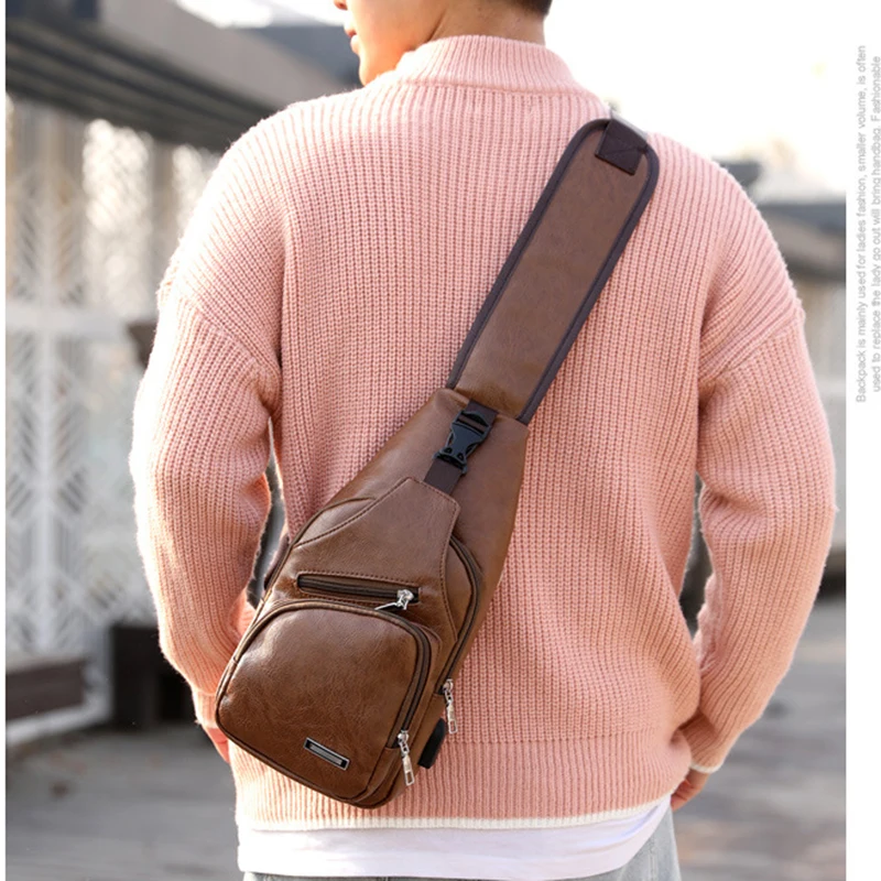 Men Creative Usb Charging Chest Bag Casual Retro Pu Shoulder Bag Outdoor Riding Sports Travel Crossbody Bag