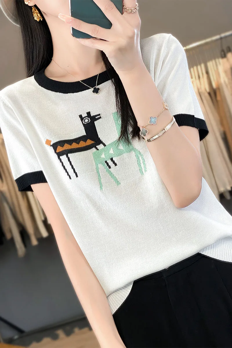 Summer New Ice Silk Short sleeved T-shirt Women\'s Fashionable Round Neck Jacquard Pony Contrast Knitted Shirt Top Thin