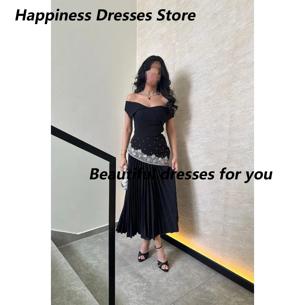

Black Evening Dress for Women Off Shoulder A Line Tea Length Prom Gown Crystal Beading Midi Formal Party Dresses Customized