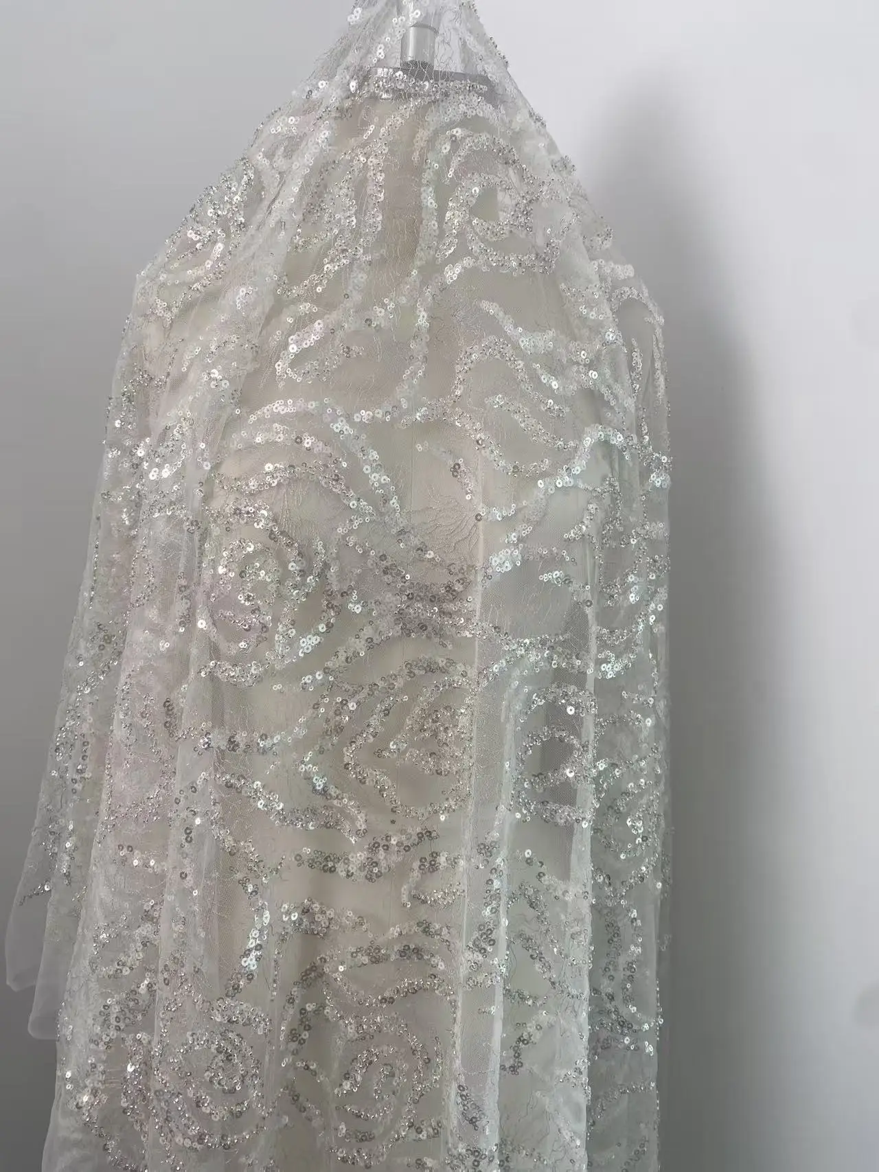 Heavy Bead Lace Fabric, Silver Sequins Tulle Fabric, Couture Rose Embroidery lace for Wedding Dress Bridal Gown Material