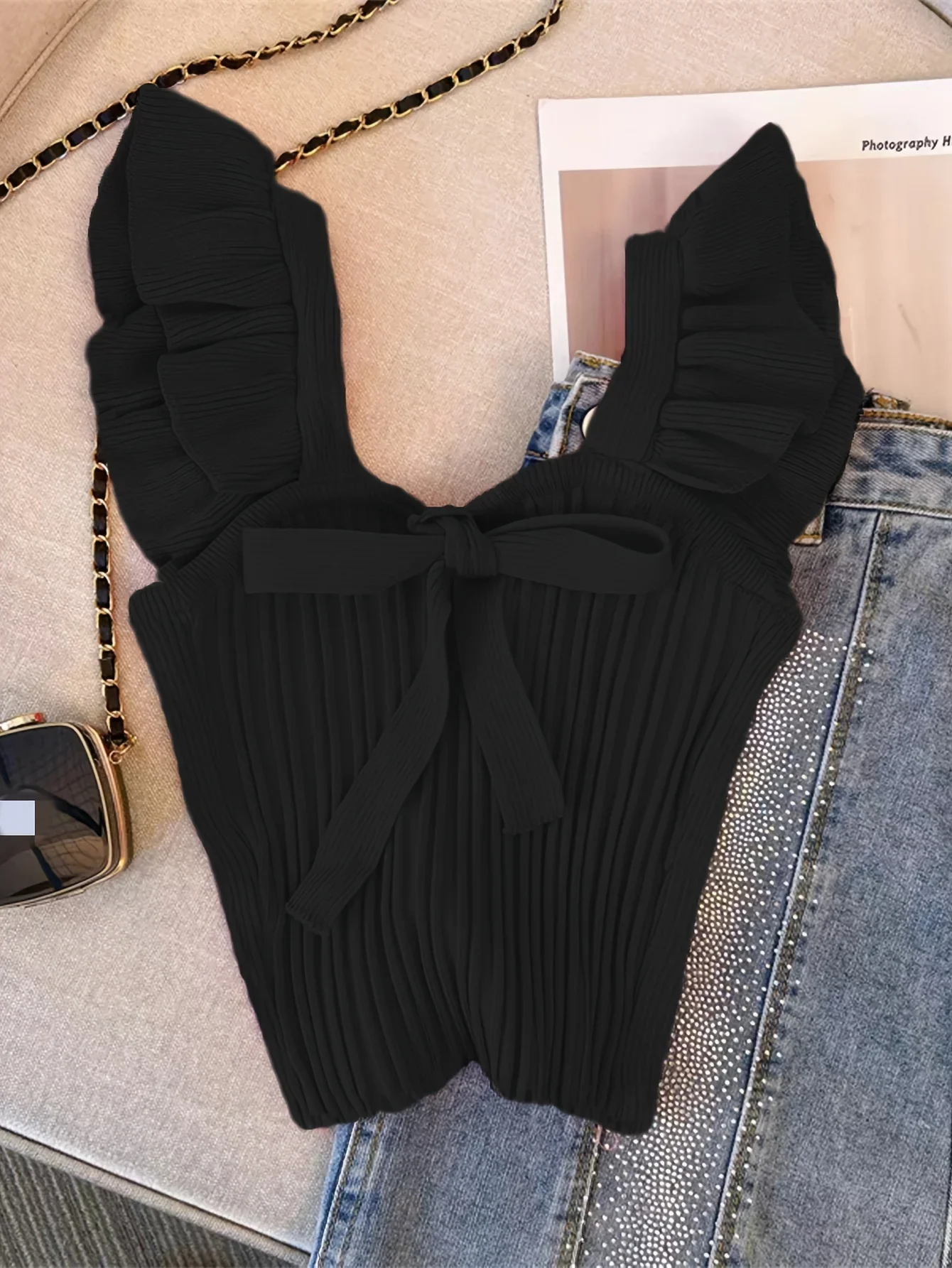 2024 Solid Color Tie Front Knitted Crop Top Chic Flutter Sleeve Slim Backless Top For Summer Women\'s Clothing  y2k top