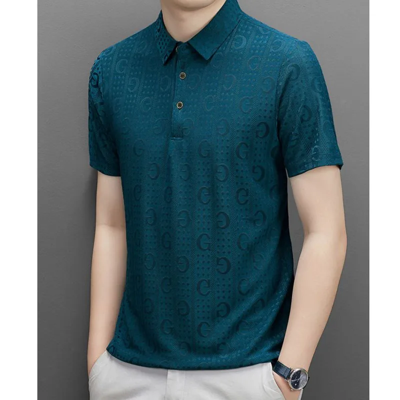 Business Casual Trend Solid Color Letter Polo-Neck T-shirt Summer Korean Button Spliced All-match Short Sleeve Tops Male Clothe