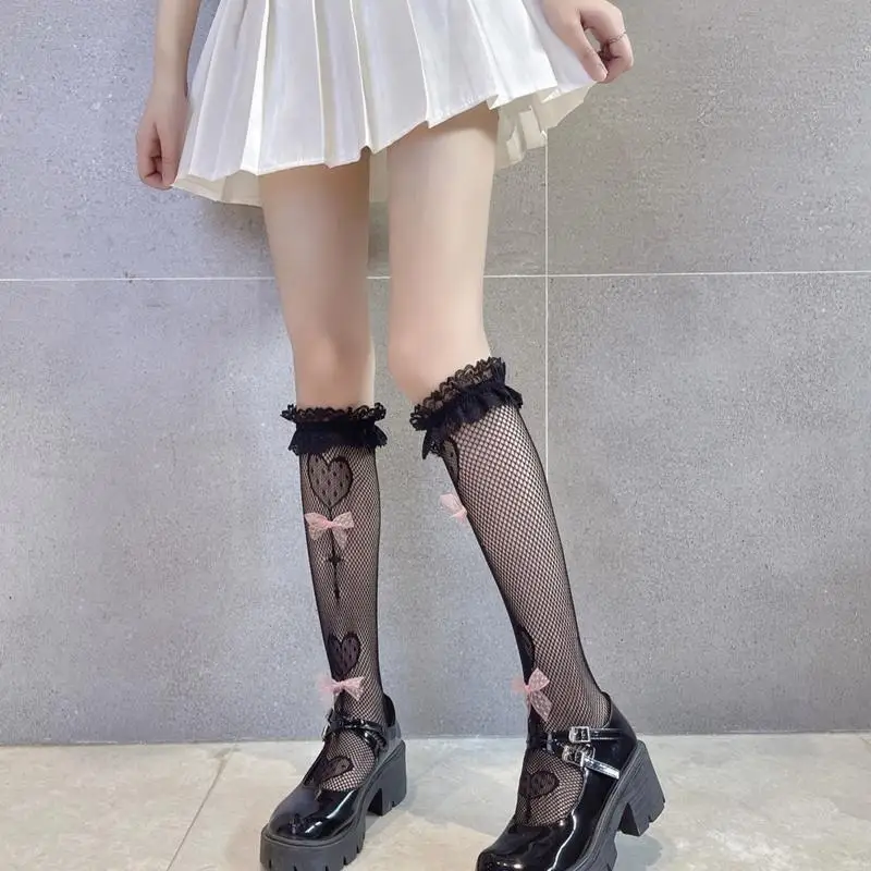 195E النساء لوليتا شبكة صيد السمك فوق جوارب الركبة القلب مصاصة الجاكار جوارب Bowknot
