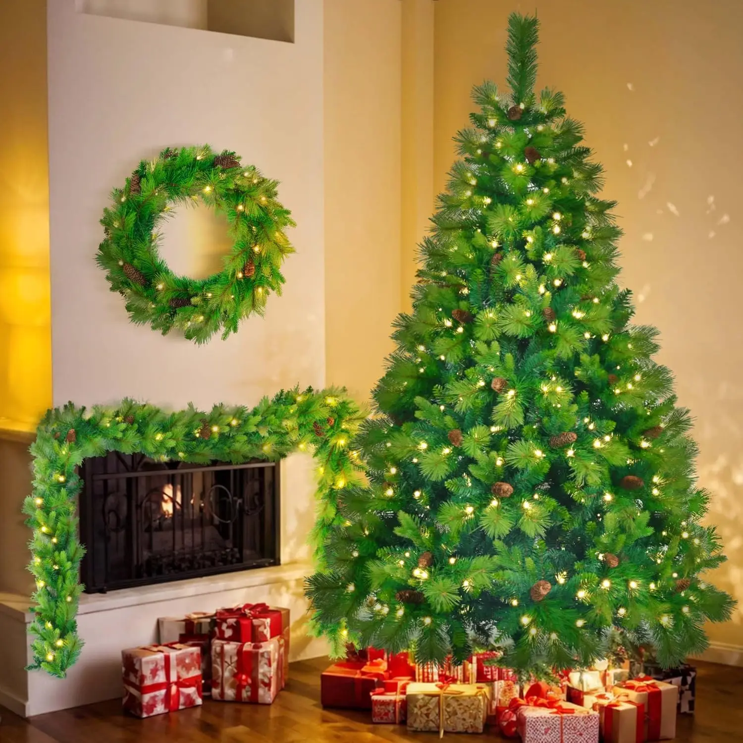 6Ft Grass Green Christmas Tree, Large Branches Pine Tree, Pre-Lit Set With Tree & Garland & Wreath, Artificial Christmas With