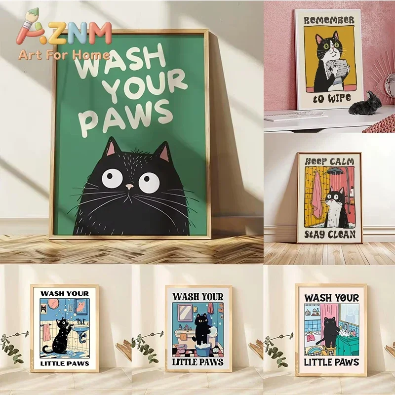 Wash Your Paws Black Cat Canvas Print Bathroom Cat You Pooping Wall Art Poster for Modern Living Room Toilet Kitchen Home Decor