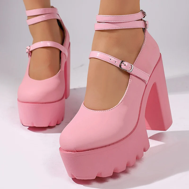 

Y2k Pink Chunky Platform Pumps Women Punk Ankle Strap High Heel Mary Jane Lolita Shoes Woman Plus Size 43 Gothic Cosplay Shoes