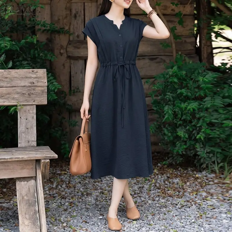 ZANZEA Women Summer Sundress Casual V Neck Sleeveless Midi Dress Solid Color Pleated Work Dresses Drawstring Waist Holiday Robe