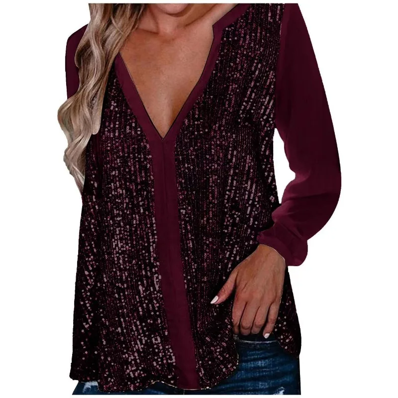 Fashion V-neck Sexy Sequins Shirts Women Long Sleeve Tops Party Shiny Blouse Pullover Loose Spring Summer Tops Mujer New