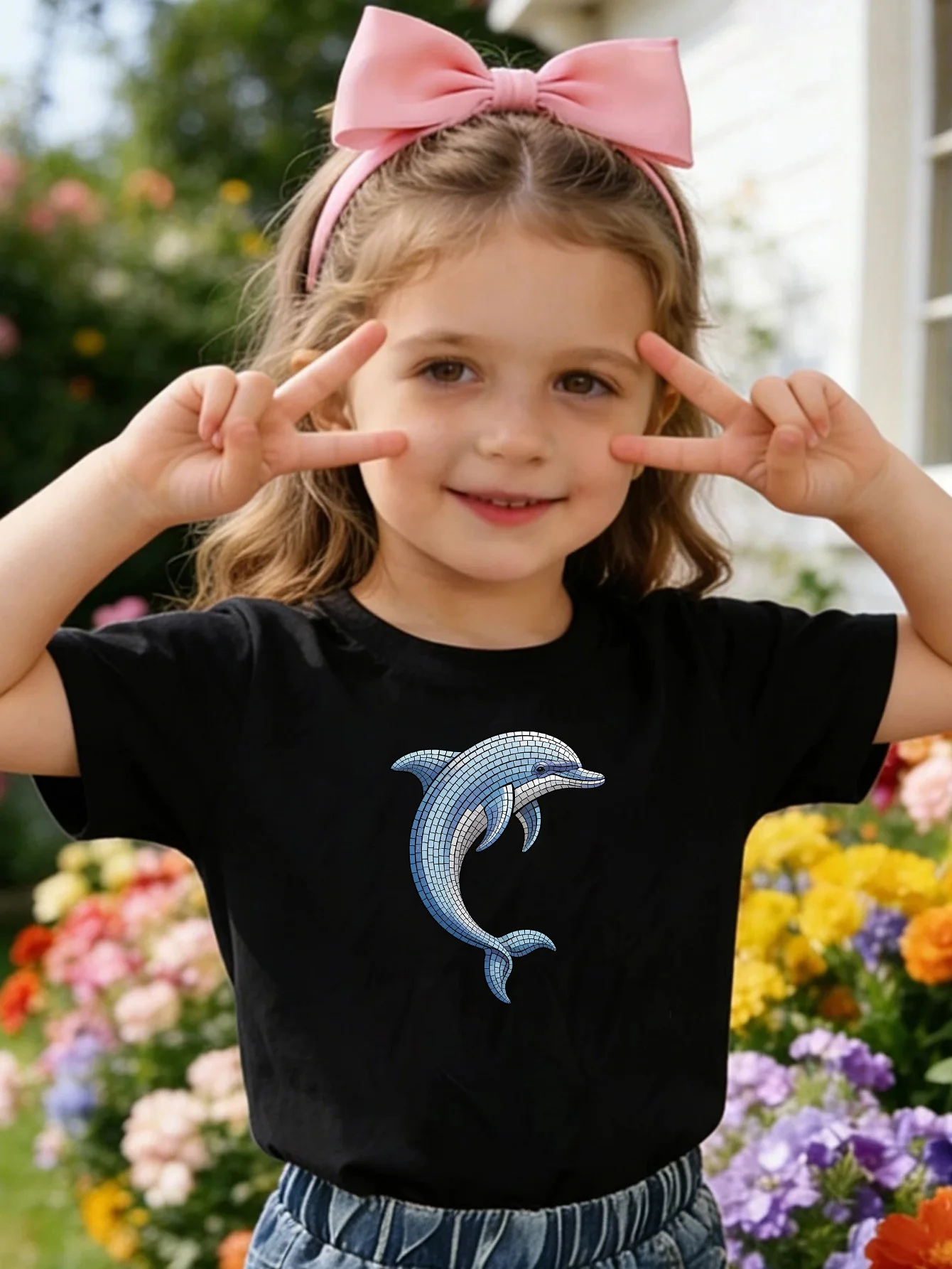 Mosaic Dolphin Ocean Animal Print Kids Tee Boys Girls Family Match Cotton Crew Neck Short Sleeve Soft Summer Casual Kid Wear