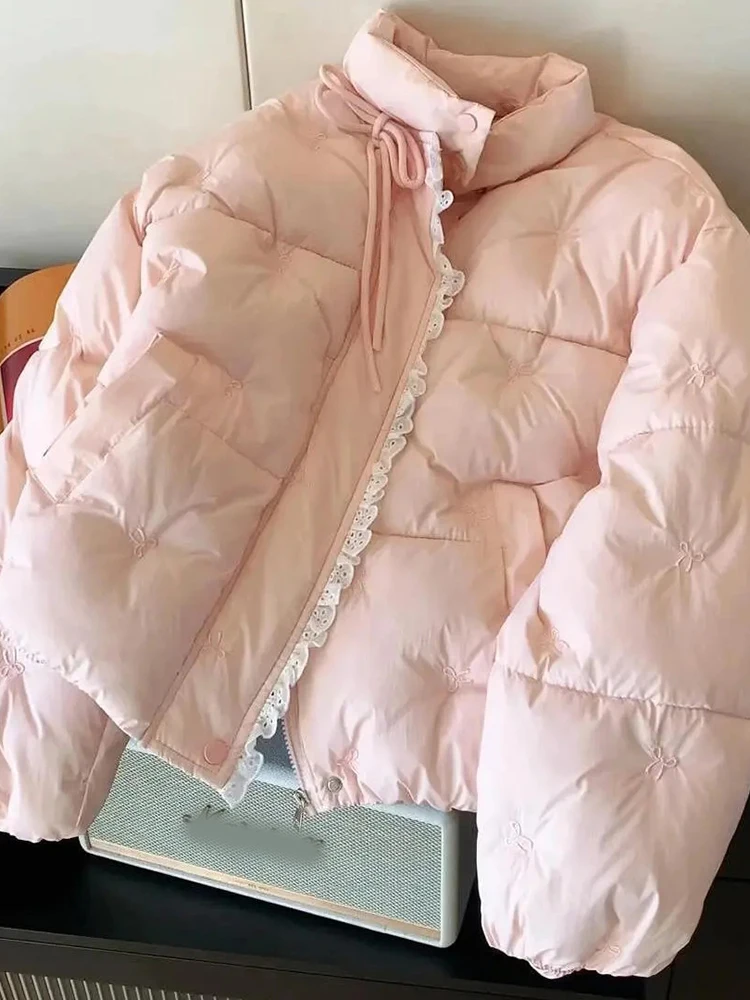 Zoki الدانتيل المرقعة الوردي سترات المرأة الحلو Preppy نمط فضفاض شتاء دافئ منتفخ معطف الكورية طويلة الأكمام لطيف القوس الدانتيل يصل سترة #5