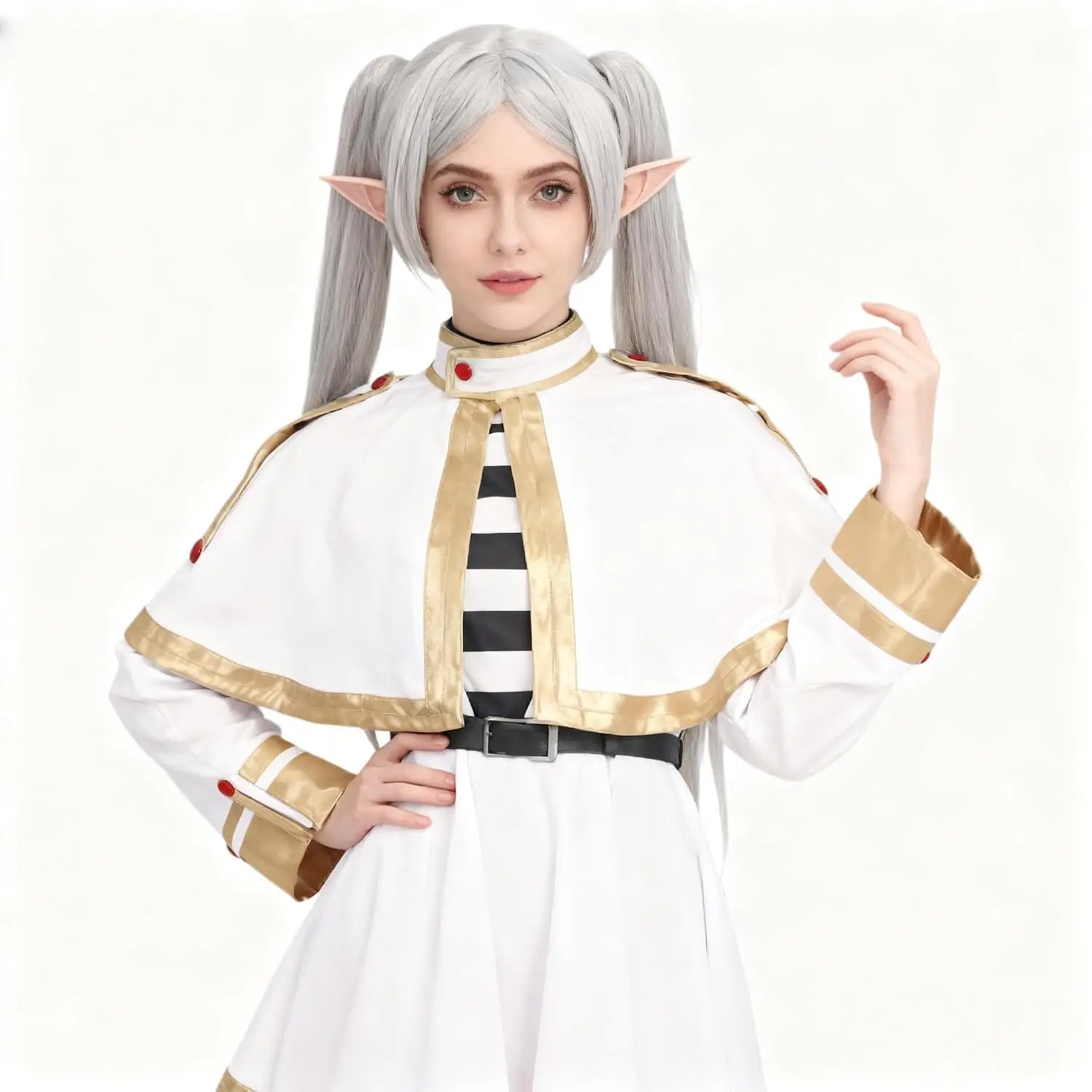Long Grey Wigs for Women with Elf Ears Wig Cap Layered Natural Synthetic Wig Costume Grey Twintails Hair Wig Anime Cosplay Wigs