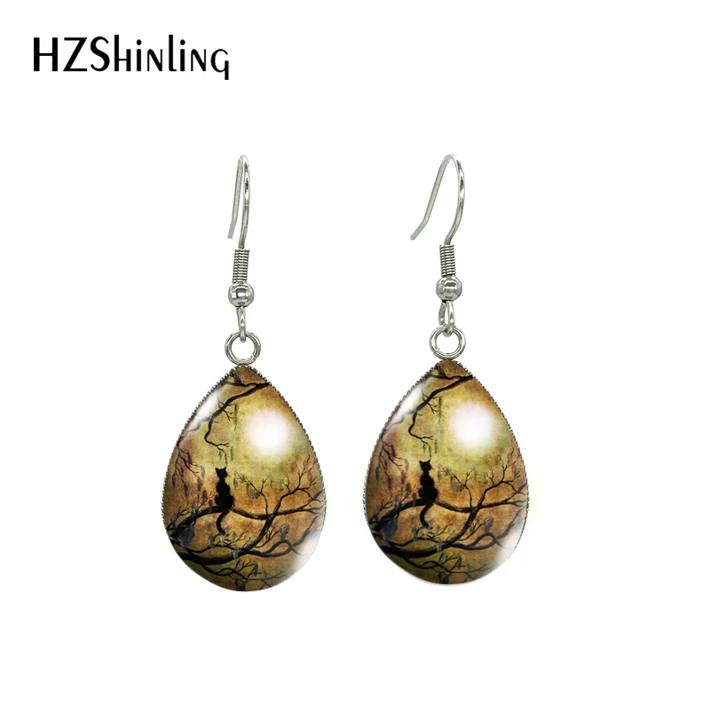 New Vintage Kittens and Moon Paintings Tear Drop Fish Hook Earrings Cute Cats Moon Glass Cabochon Jewelry Dangle Earrings