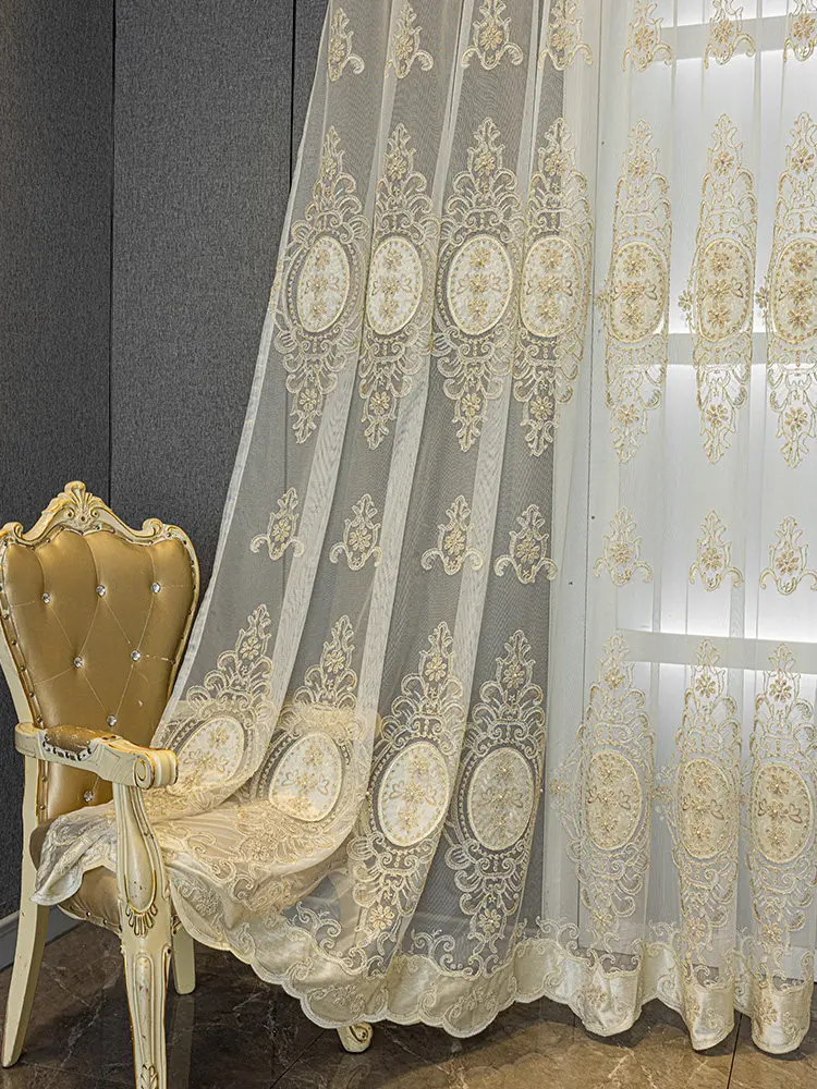 High-end Dreamy Atmosphere European Beaded Embroidery Gauze Curtain Living Room Bedroom Light-transmitting Window Screen Decor