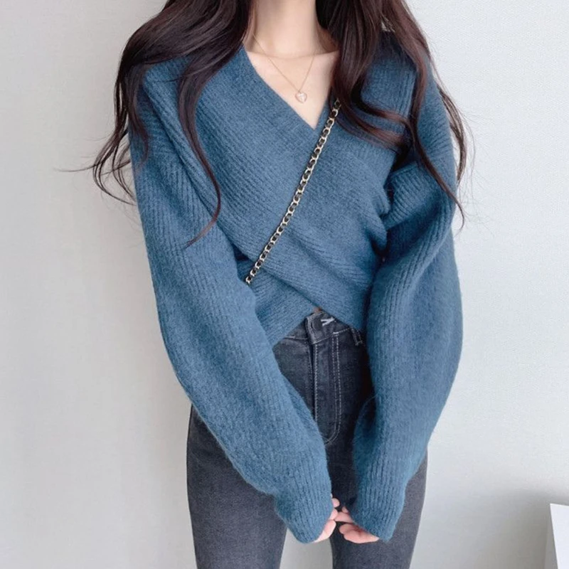 Fashion Cross Knitting Pullover for Women Spring Autumn Winter Korean Chic Solid Color Long Sleeve Sweater 2024 New Knit Tops