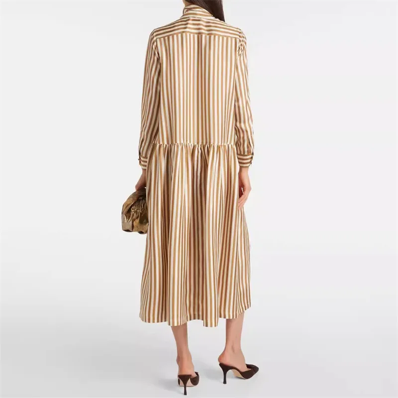 elegant party dresses woman 2024 autumn new fashion striped slim fit long dresses shawl collar vacation Midi dresses Gift belt