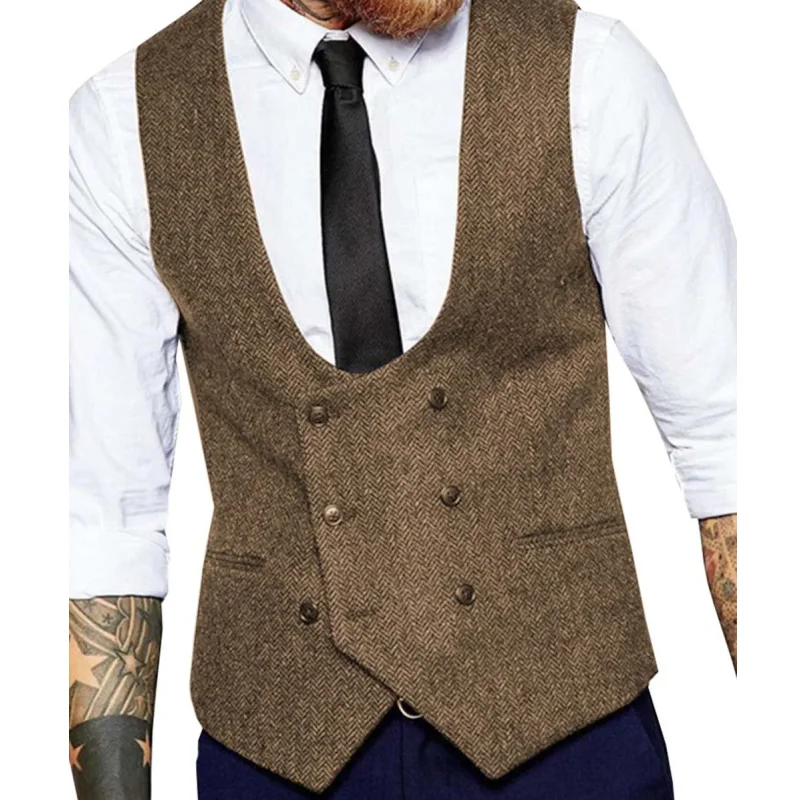 

Men Vest Brown Solid Herringbone Double Button Slim Business Formal Waistcoat Tweed Sleeveless Men Suit Vests