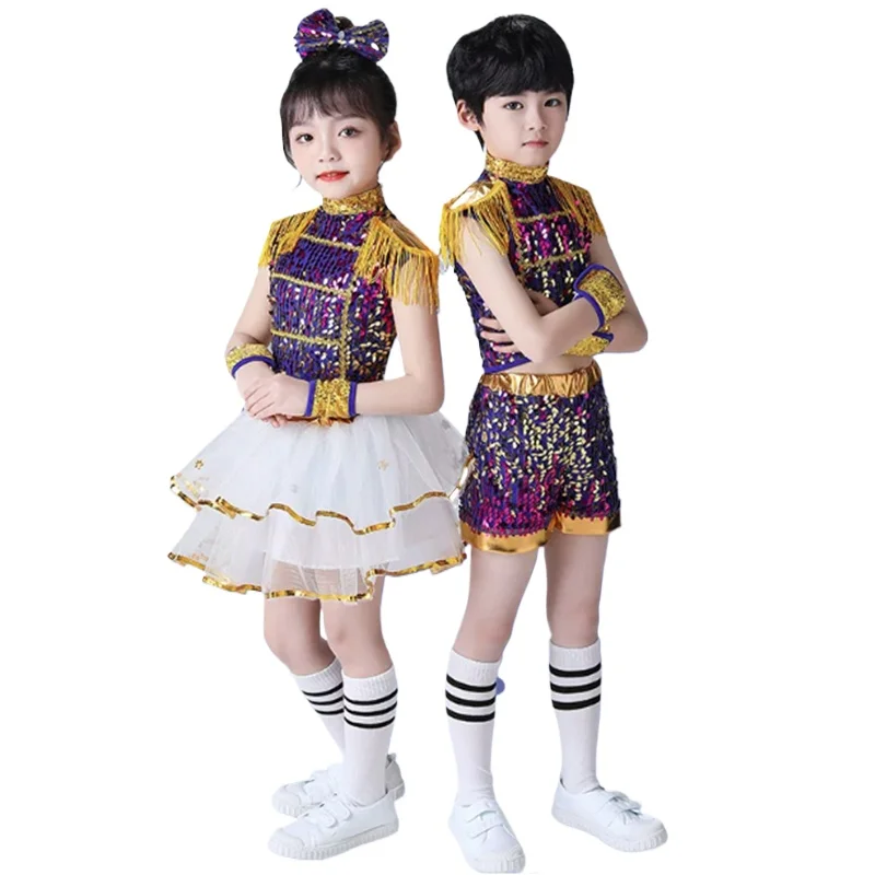 Children Modern Dance Suit Sequin Jazz Dance Clothing Set For Girls Boys Kids Dance Outfit Stage Suit Cheerleader Dress